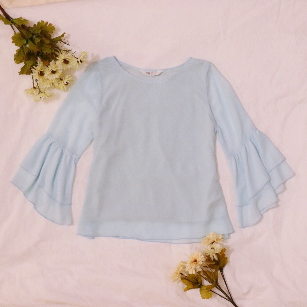 H&M Girls Light Sky Blue Ruffle Long Sleeved Blouse